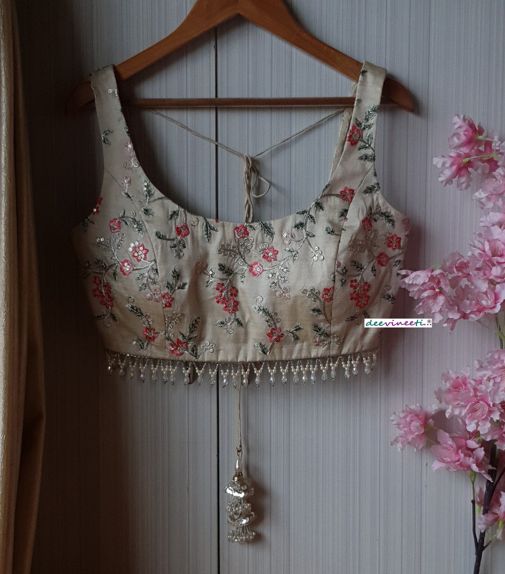 Cream Embroidered Silk U Neck Blouse DVBL_191