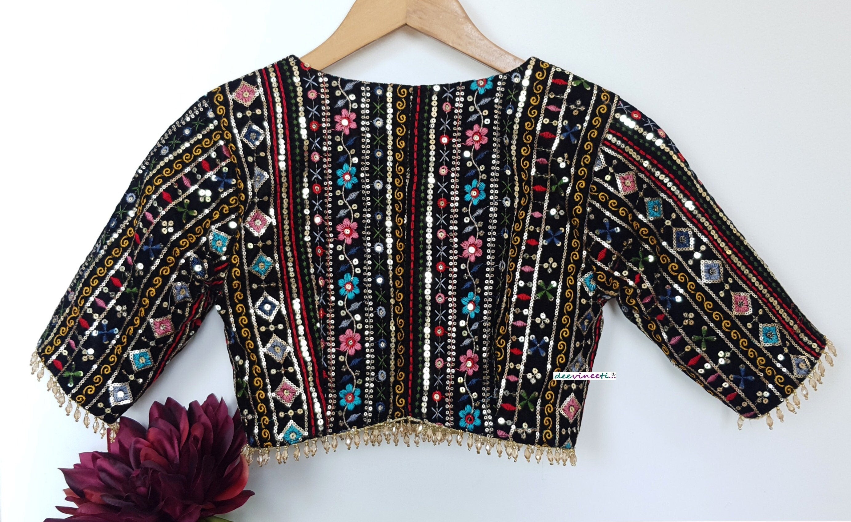 Black Embroidered Velvet Plunge Neckline Blouse DVBL_294
