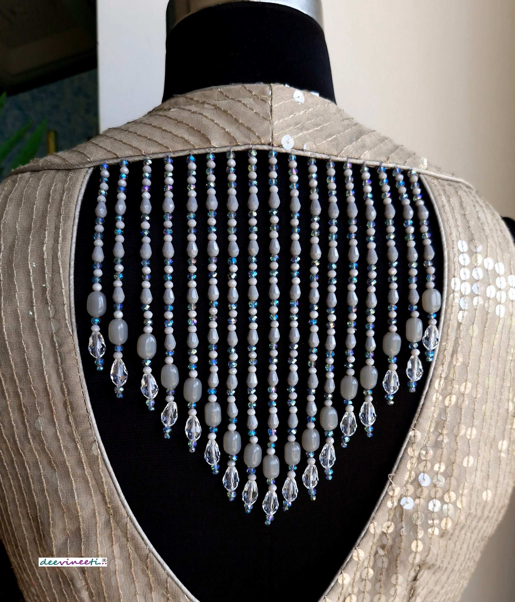 Grey Sequins Embroidered V Neck Blouse DVBL_340