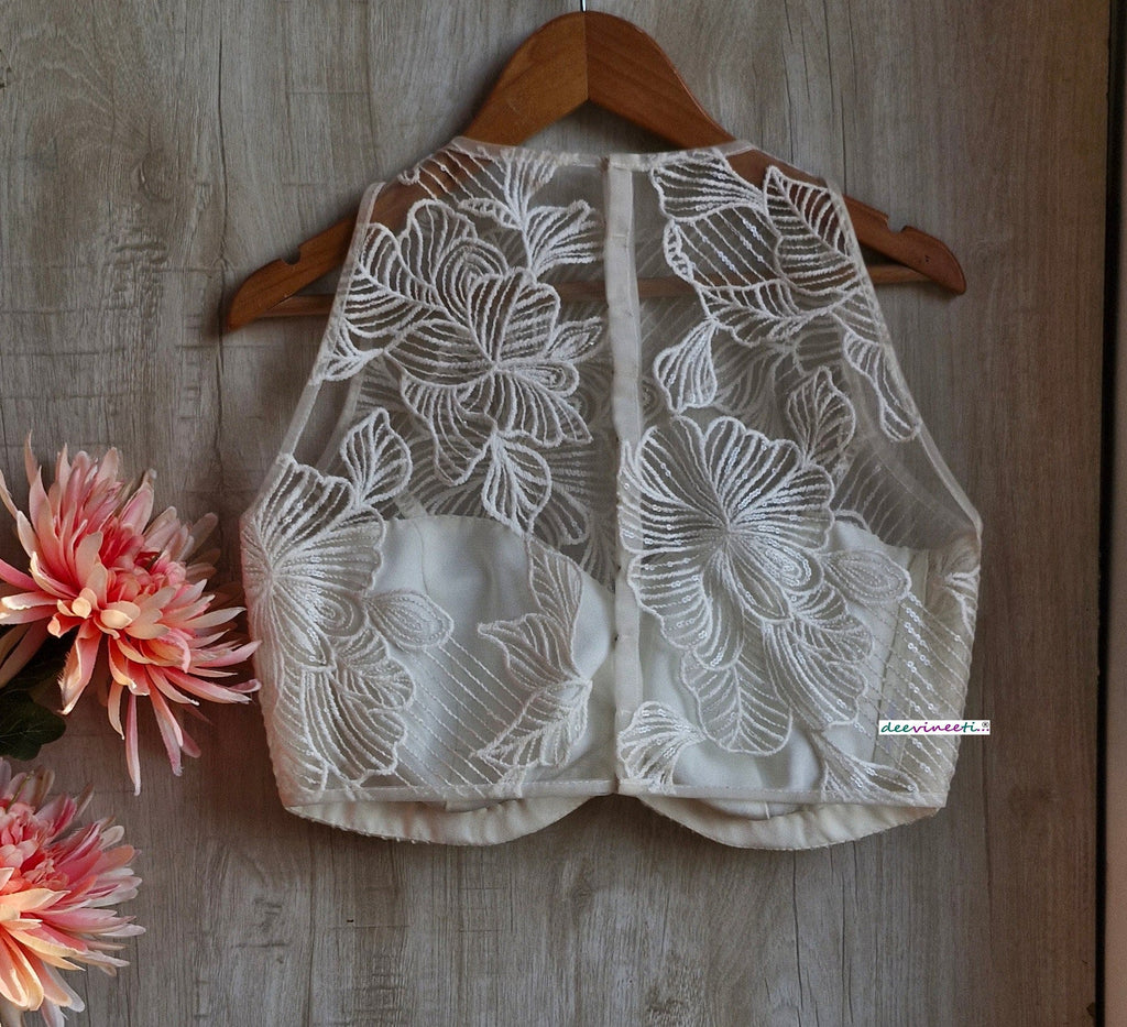 Off-White Embroidered Net Jewel Neck Blouse DVBL_347