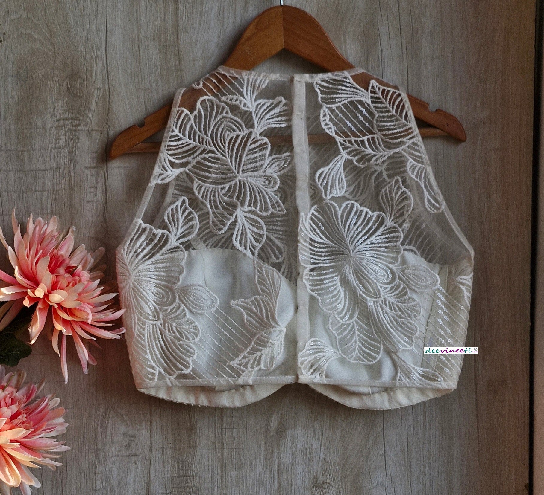 Off-White Embroidered Net Jewel Neck Blouse DVBL_347