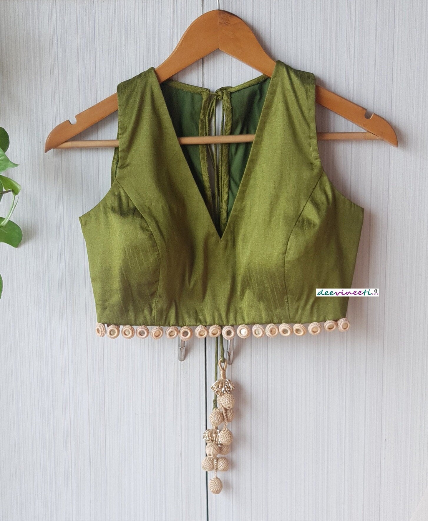 Raw Silk Deep V Neck Blouse with Mirror Fringe DVBL_251