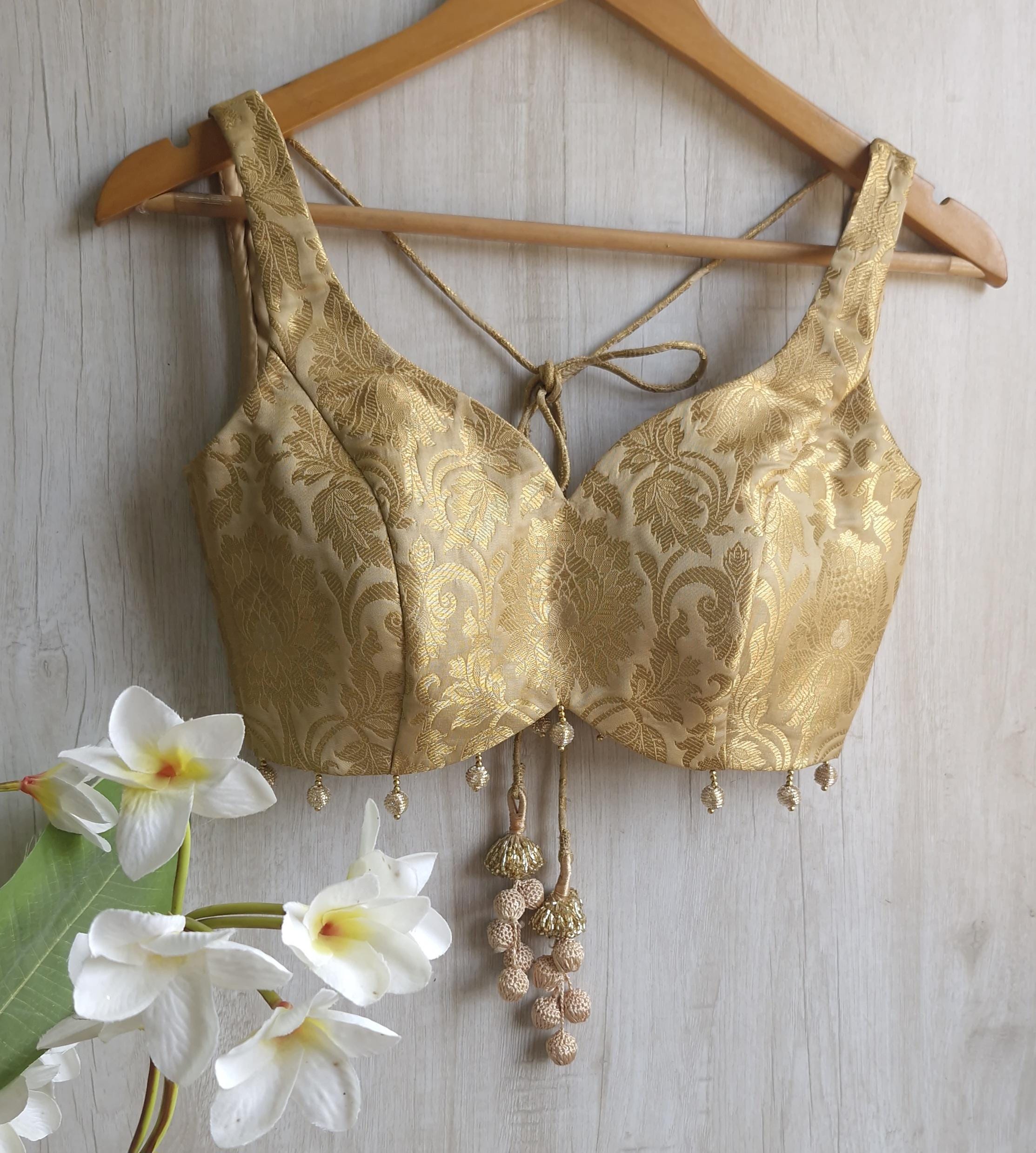 Gold Beige Banarasi Brocade Sweetheart Neck Blouse DVBL_411