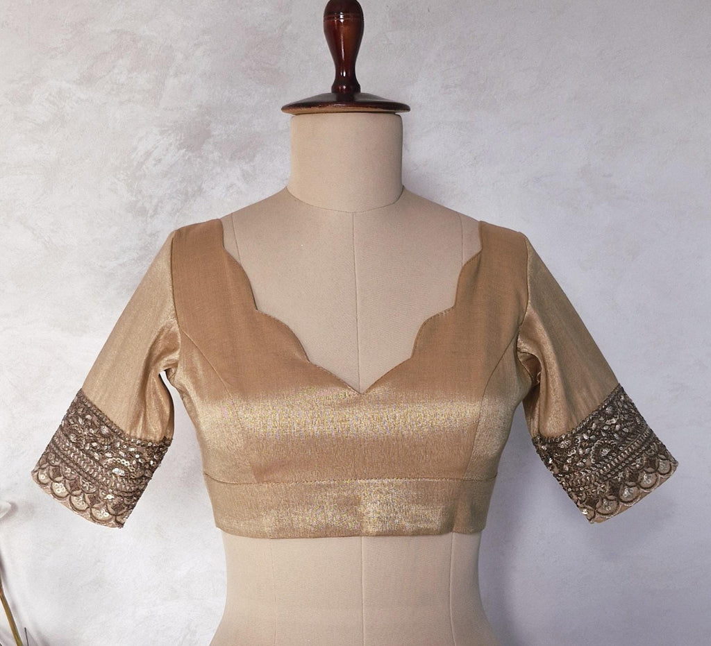 Copper Rose Gold Banarasi Tissue Scallop Neck Blouse DVBL_444