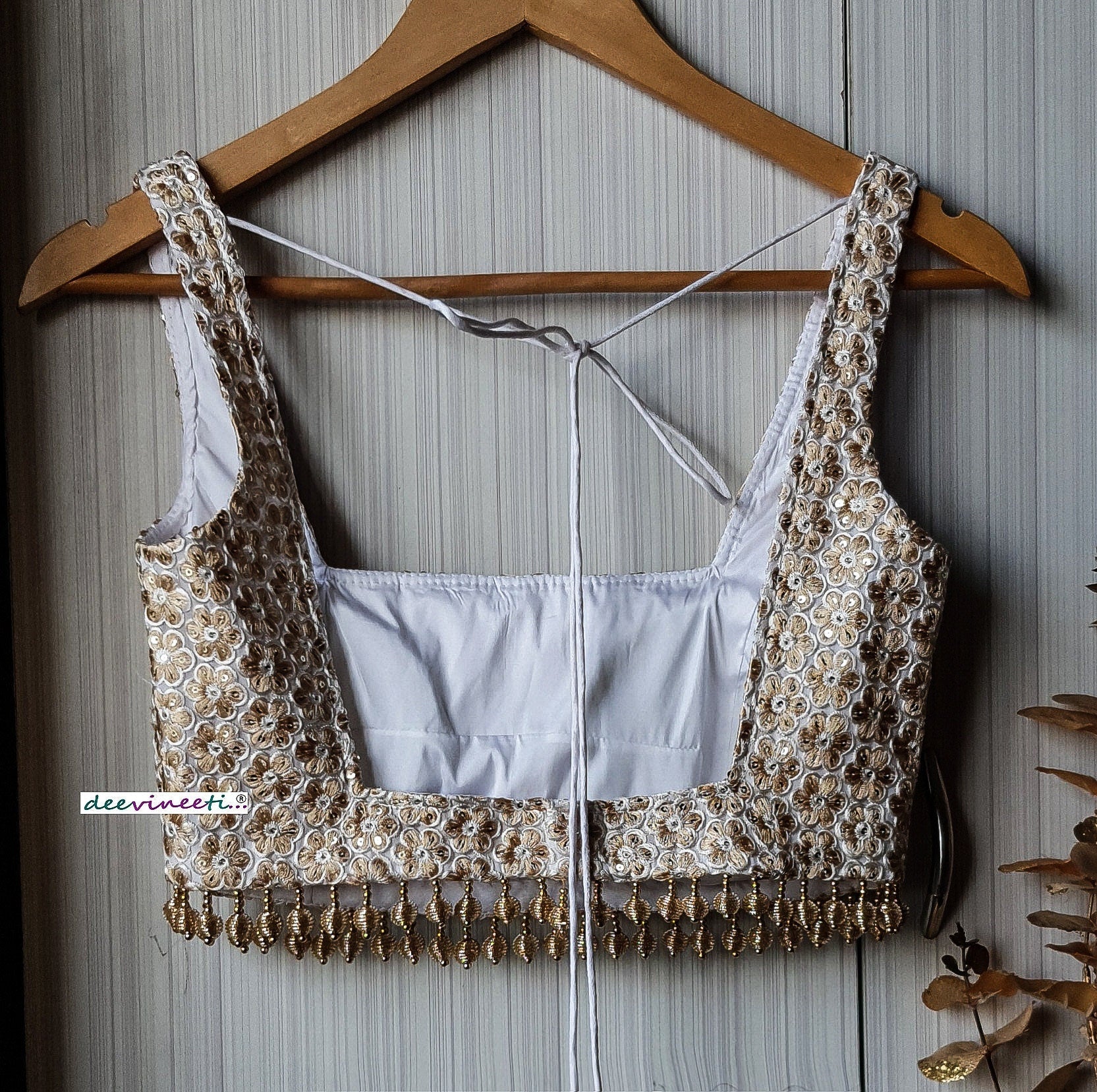 Embroidered White and Gold Square Neckline Blouse DVBL_238