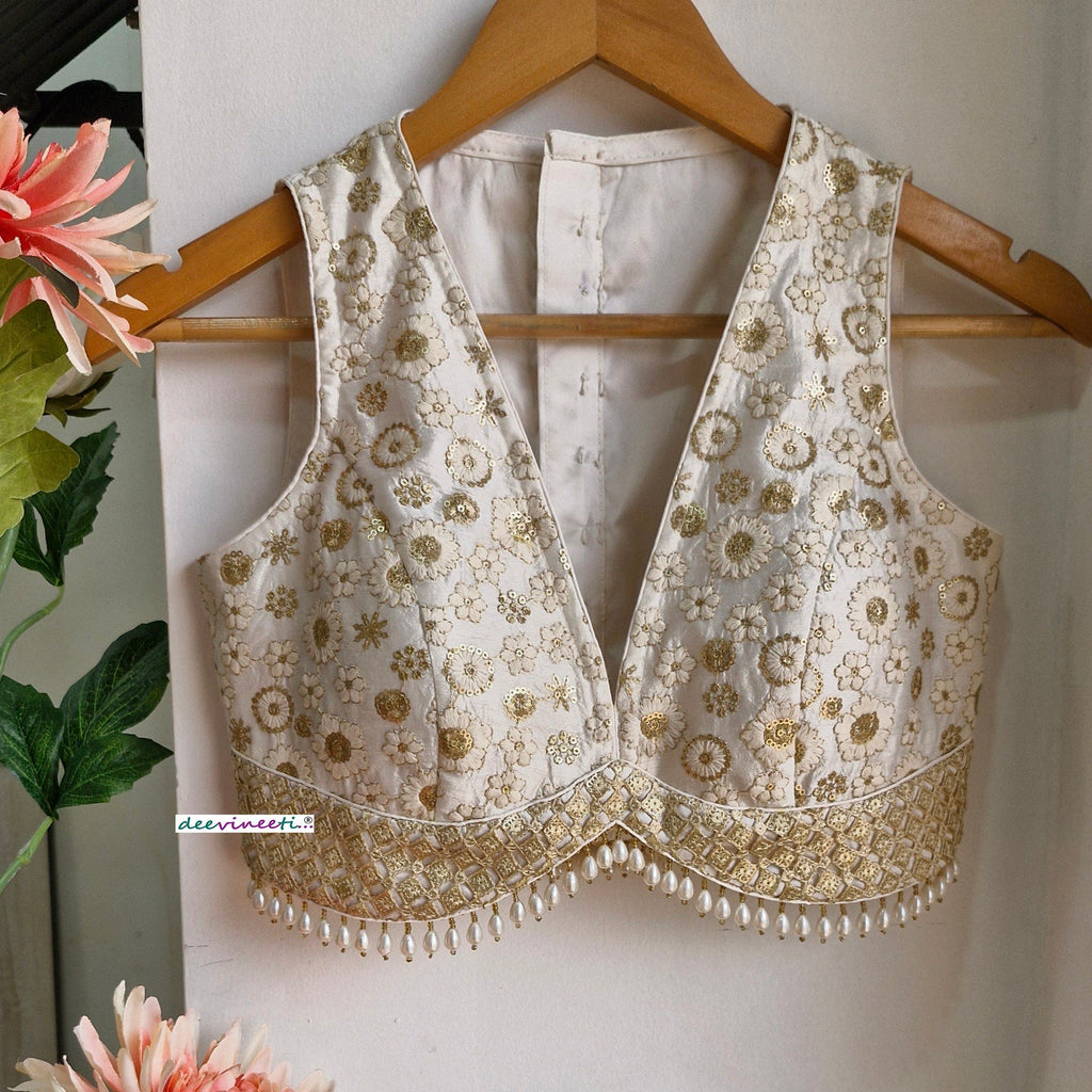 Off-White Embroidered Silk V Neck Blouse DVBL_313