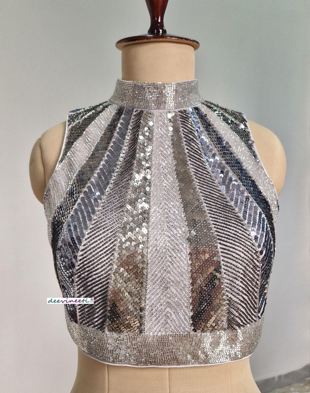 Hand Embroidered Grey Silver Blouse High Neck Sleeveless DVBL_398