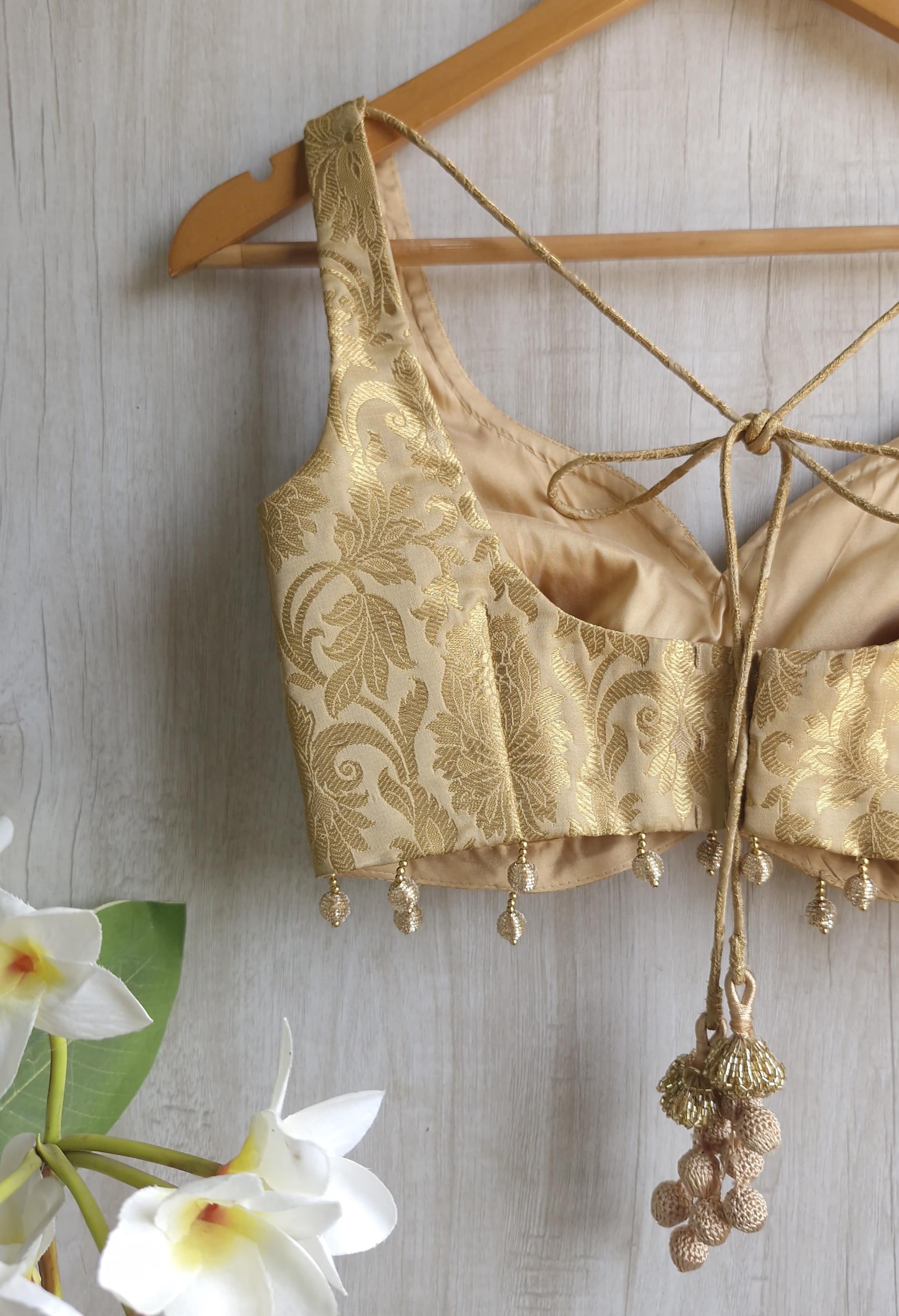 Gold Beige Banarasi Brocade Sweetheart Neck Blouse DVBL_411