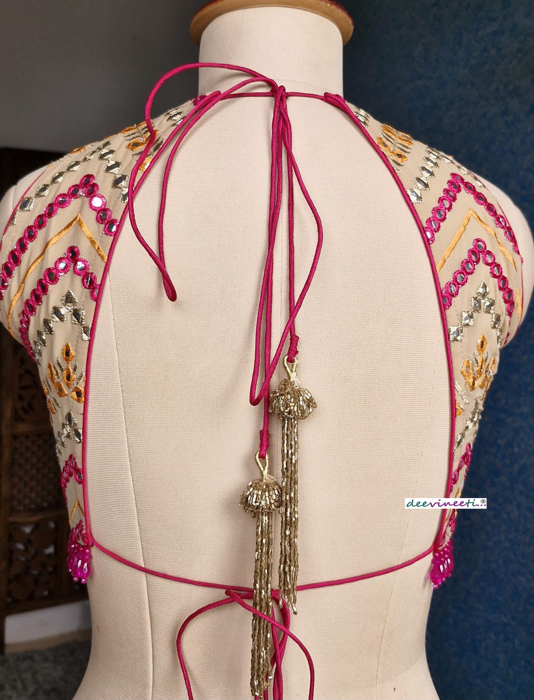 Beige Chevron Embroidered Halter Neck Blouse DVBL_367