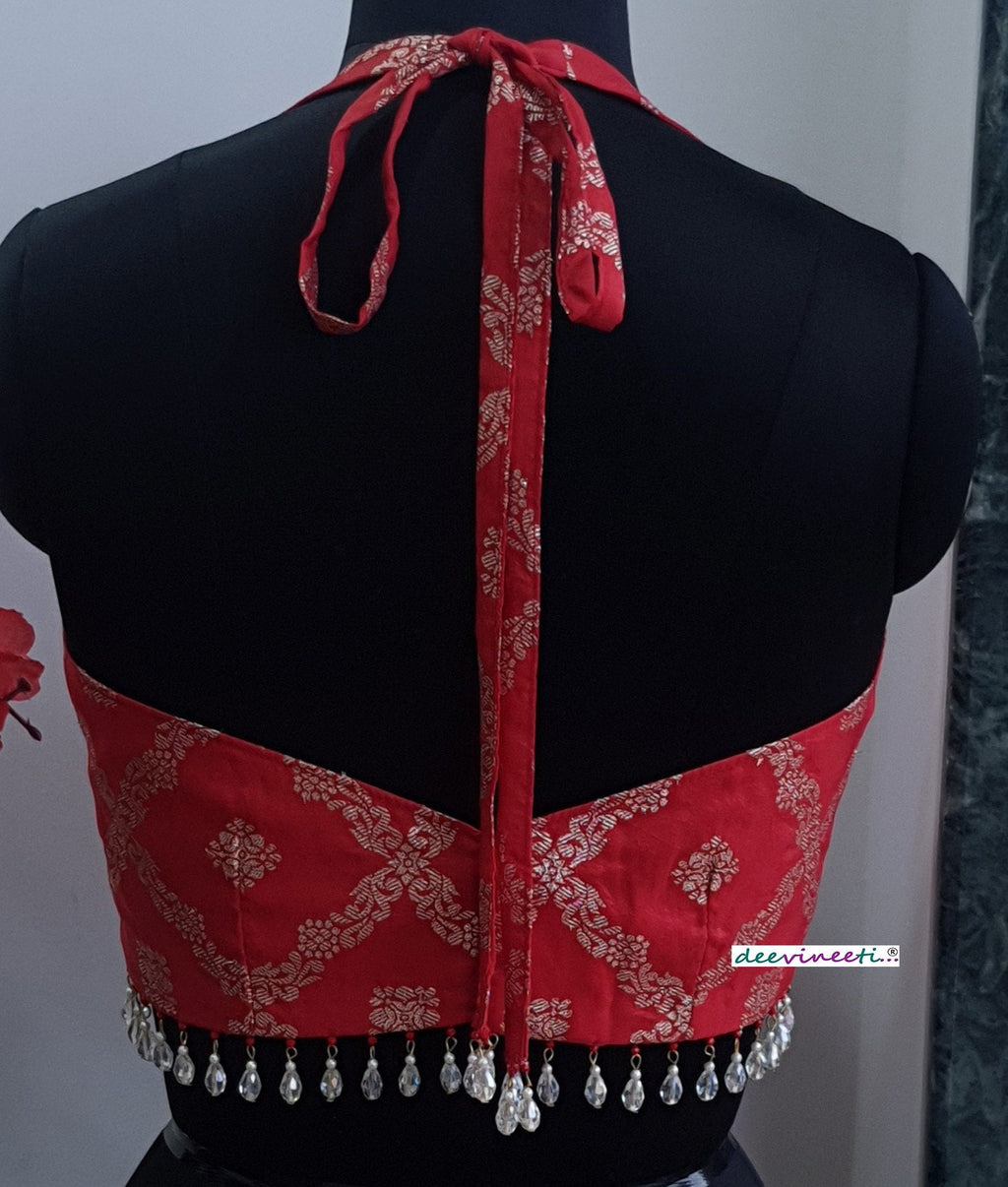 Red Brocade Halter Neck Blouse DVBL_264