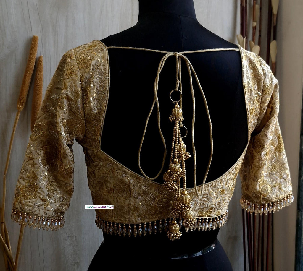 Beige Gold Embroidered Deep Sweetheart Neck Blouse DVBL_380