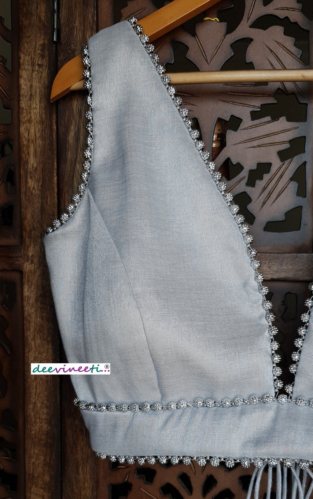 Silver Embellished Tissue Silk Plunge Neckline Blouse DVBL_115