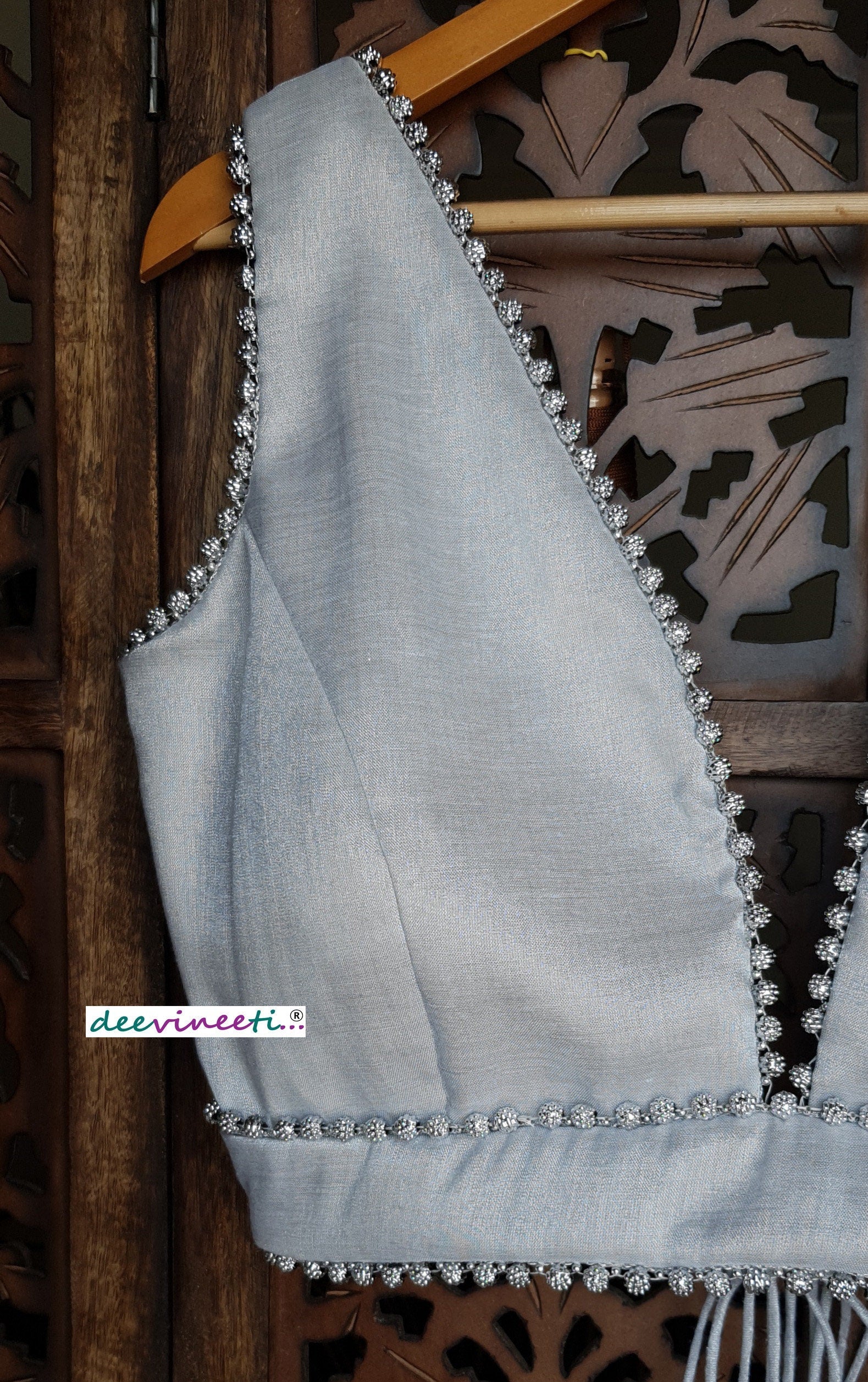 Silver Embellished Tissue Silk Plunge Neckline Blouse DVBL_115