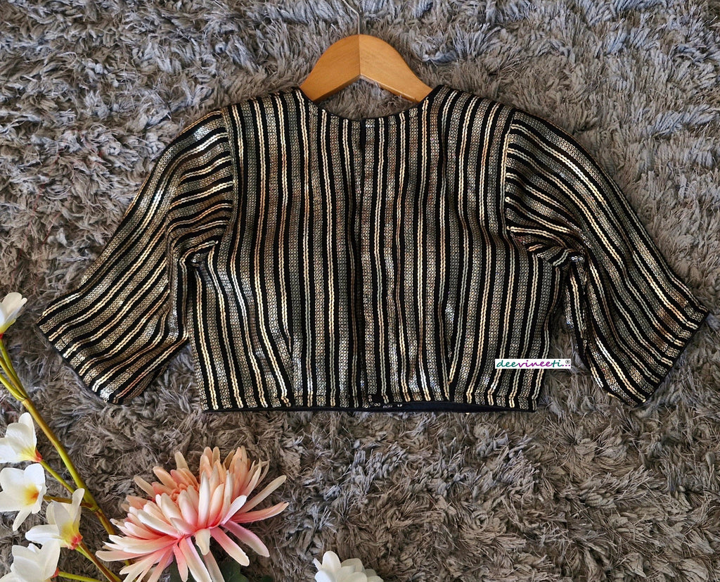 Black and Gold Sequins Embroidered Jewel Neck Blouse DVBL_350