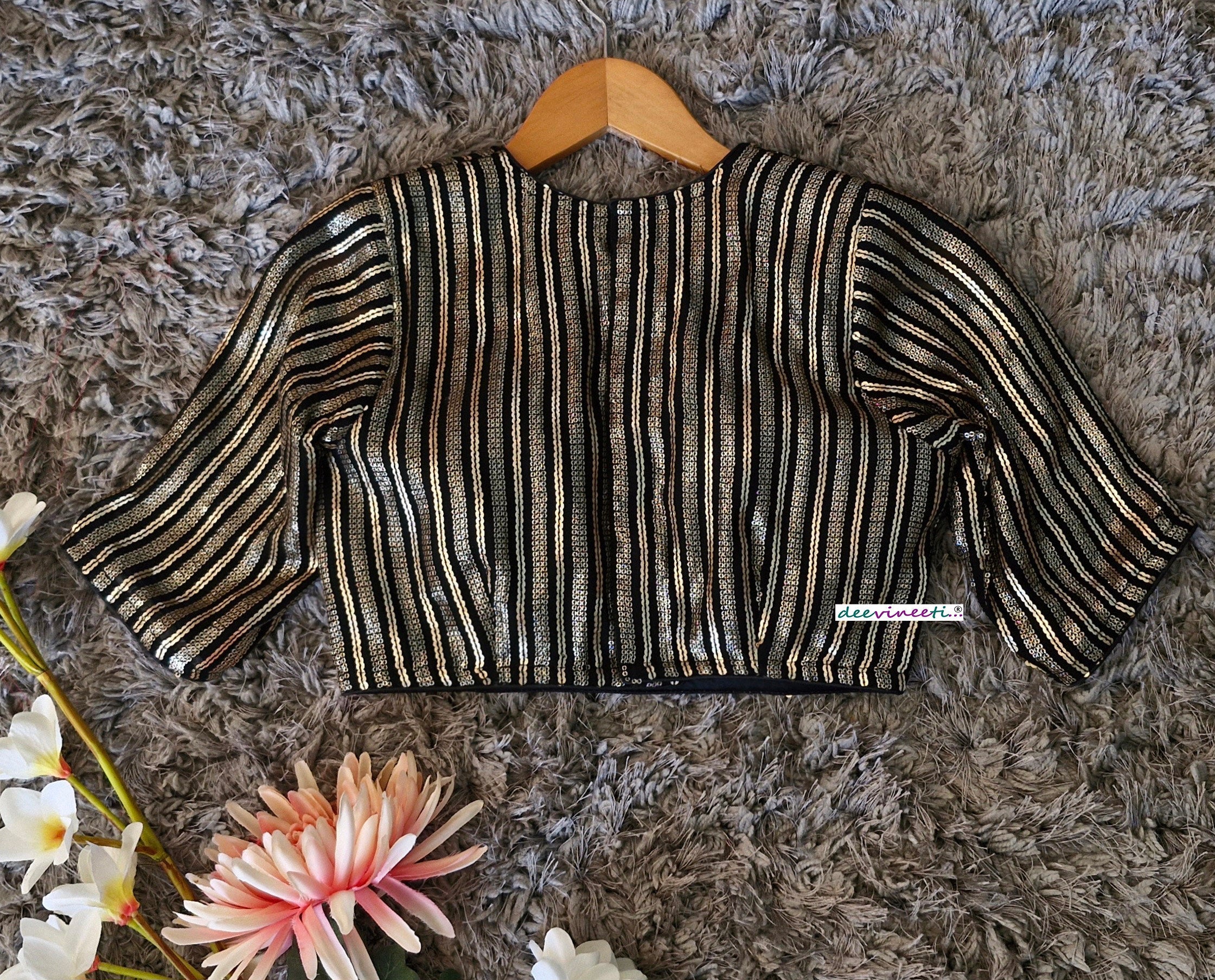 Black and Gold Sequins Embroidered Jewel Neck Blouse DVBL_350