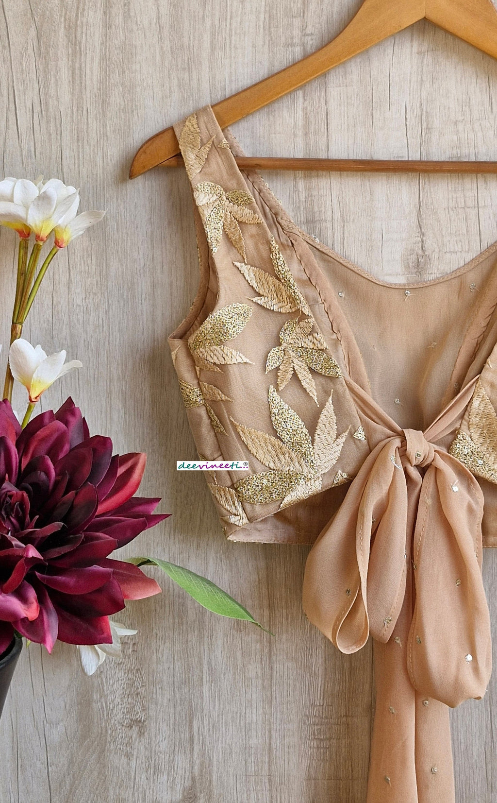 Embroidered Beige Boat Neck Tie Blouse DVBL_346