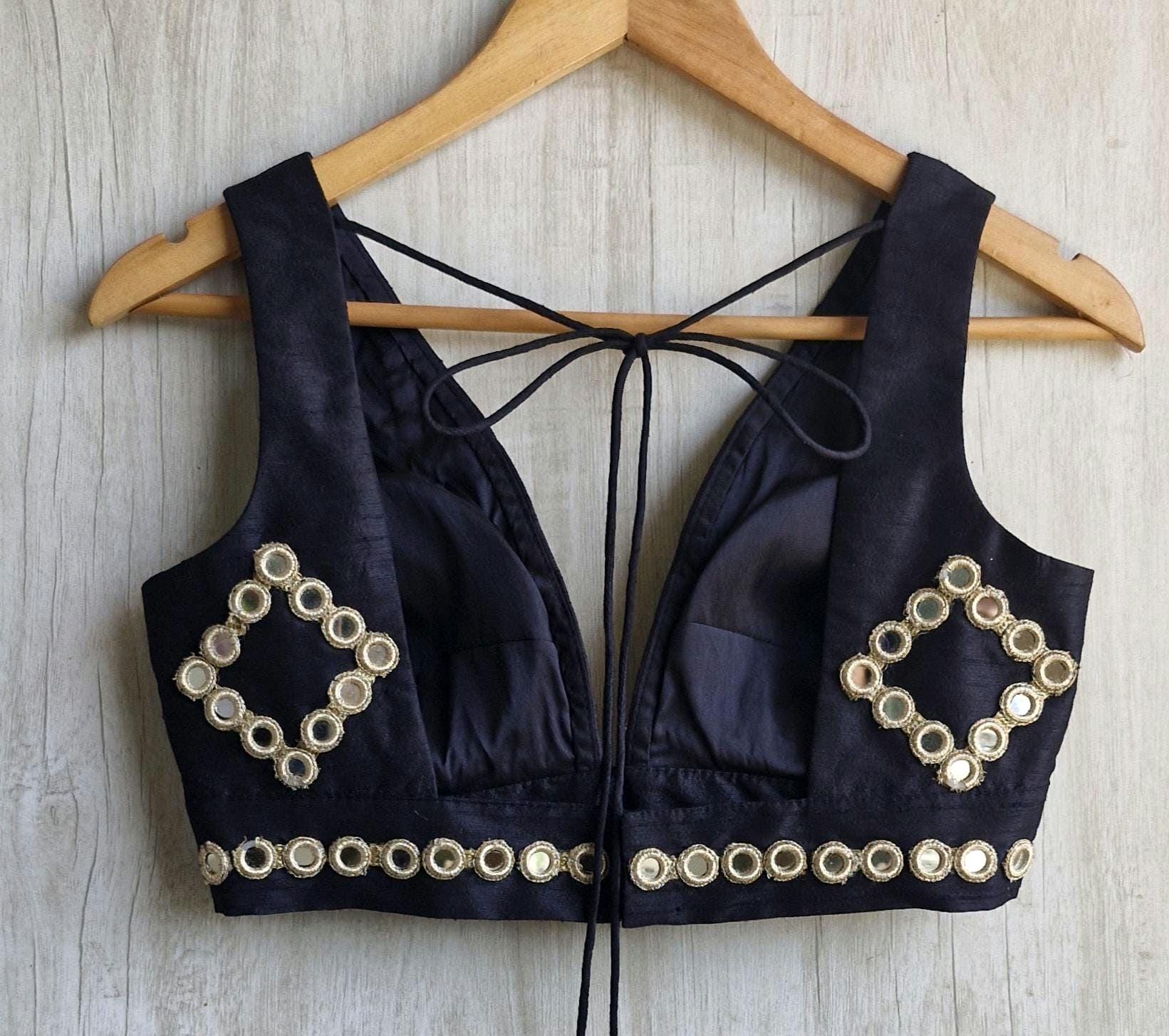 Black Raw Silk Mirror Embroidered Plunge Neckline Blouse DVBL_459