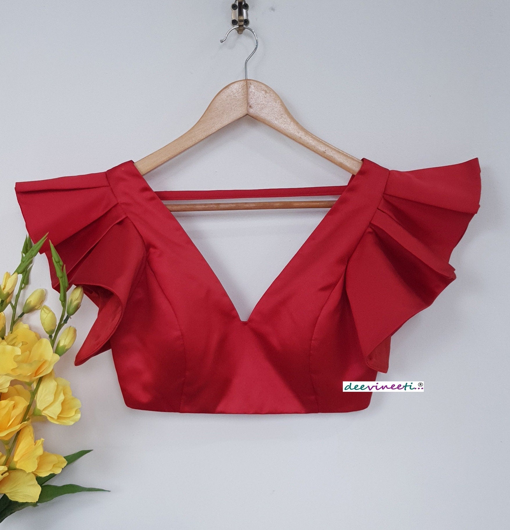 Red Satin Deep V Neck Ruffled Sleeves Blouse DVBL_265