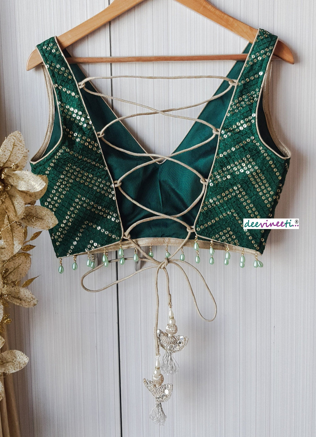 Green Sequins Chevron Embroidered Silk Blouse DVBL_152
