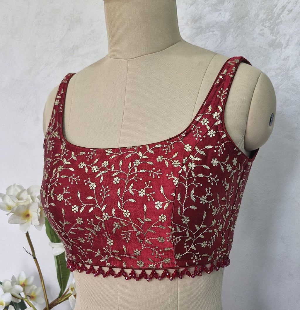 Maroon Embroidered Silk Scoop Neck Blouse DVBL_412