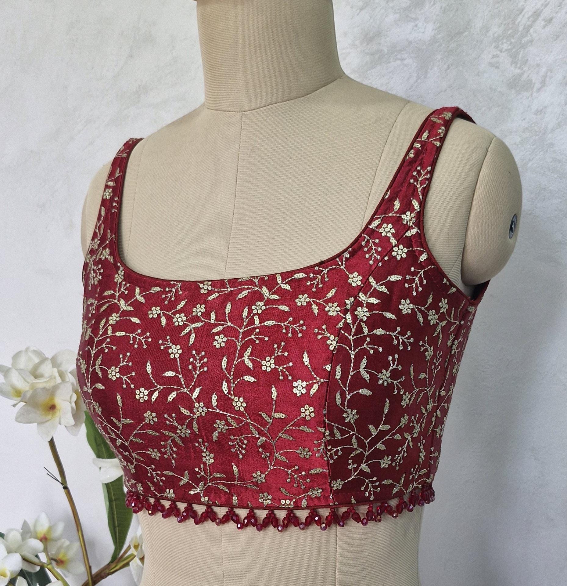 Maroon Embroidered Silk Scoop Neck Blouse DVBL_412