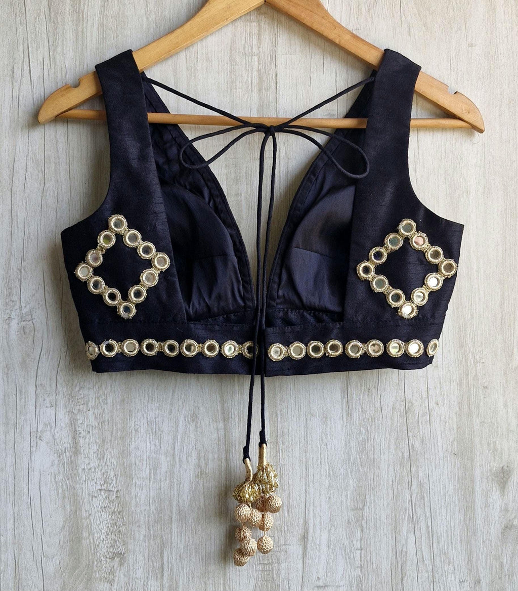 Black Raw Silk Mirror Embroidered Plunge Neckline Blouse DVBL_459