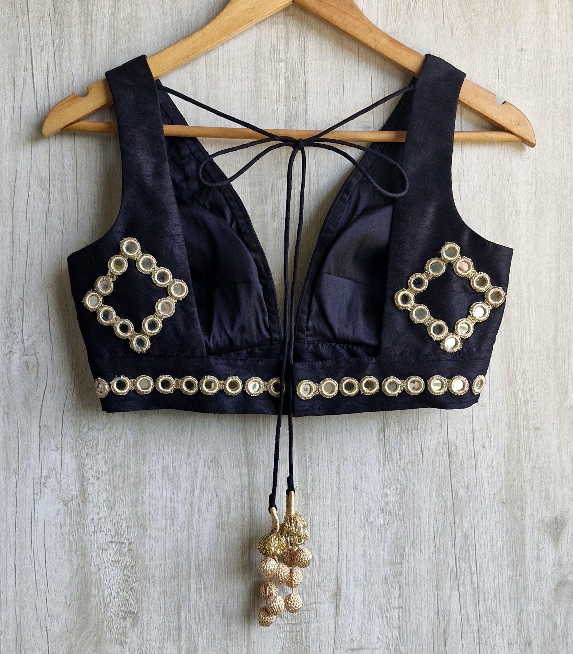 Black Raw Silk Mirror Embroidered Plunge Neckline Blouse DVBL_459