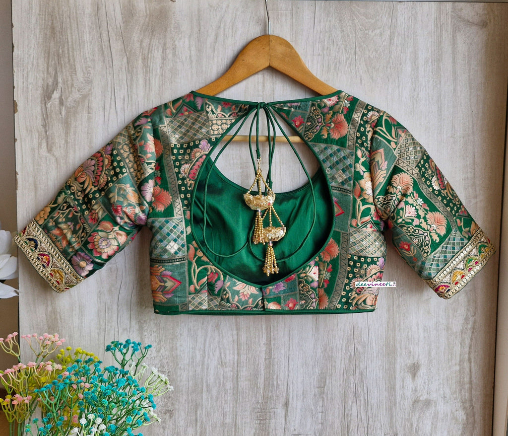 Green Jacquard Silk Round Scoop Neck Blouse DVBL_317