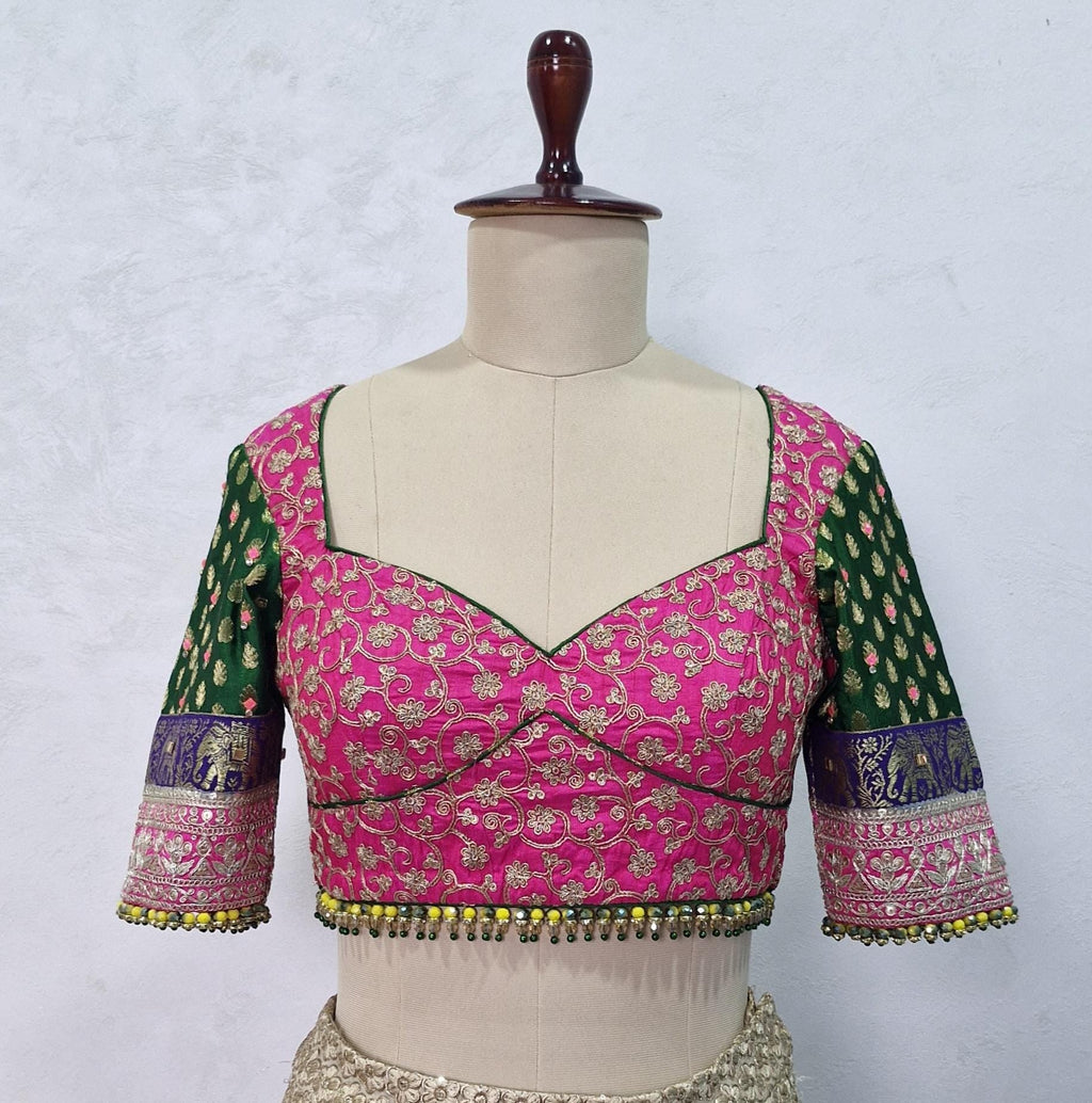 Embroidered Silk Pink and Green Blouse Sweetheart Neck DVBL_449