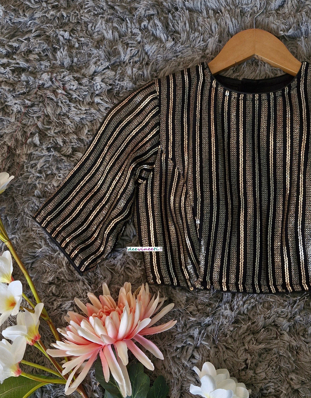 Black and Gold Sequins Embroidered Jewel Neck Blouse DVBL_350