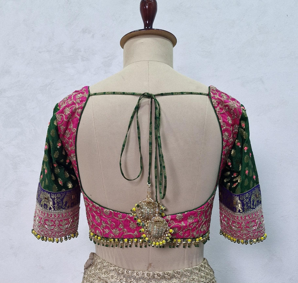 Embroidered Silk Pink and Green Blouse Sweetheart Neck DVBL_449