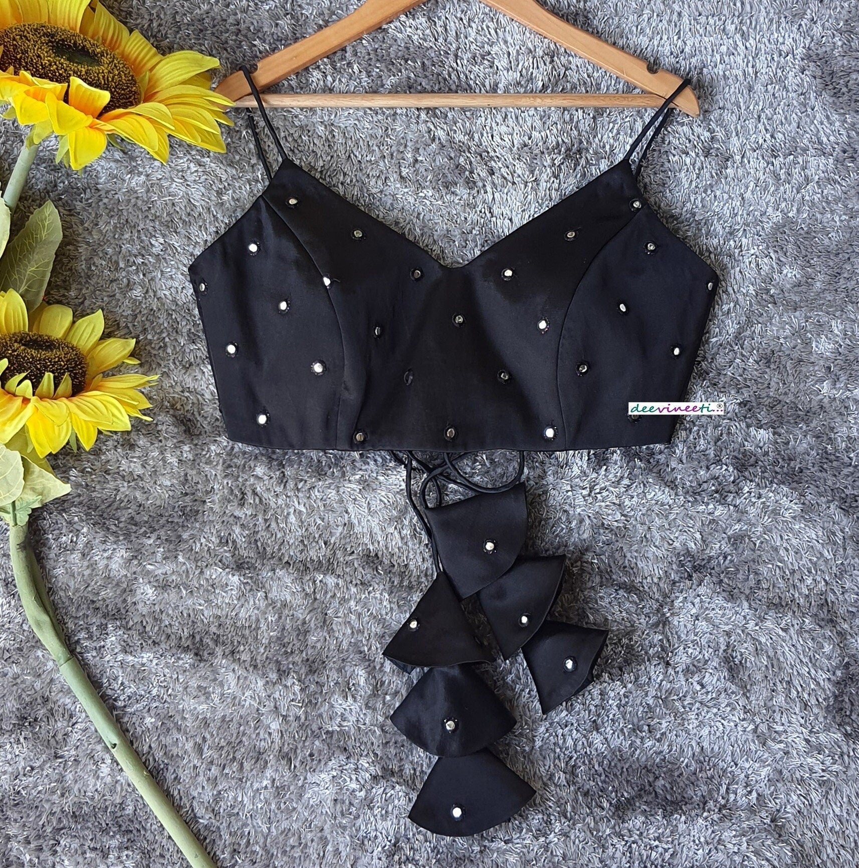 Designer Black Satin Silk Blouse Deep V Spaghetti DVBL_216