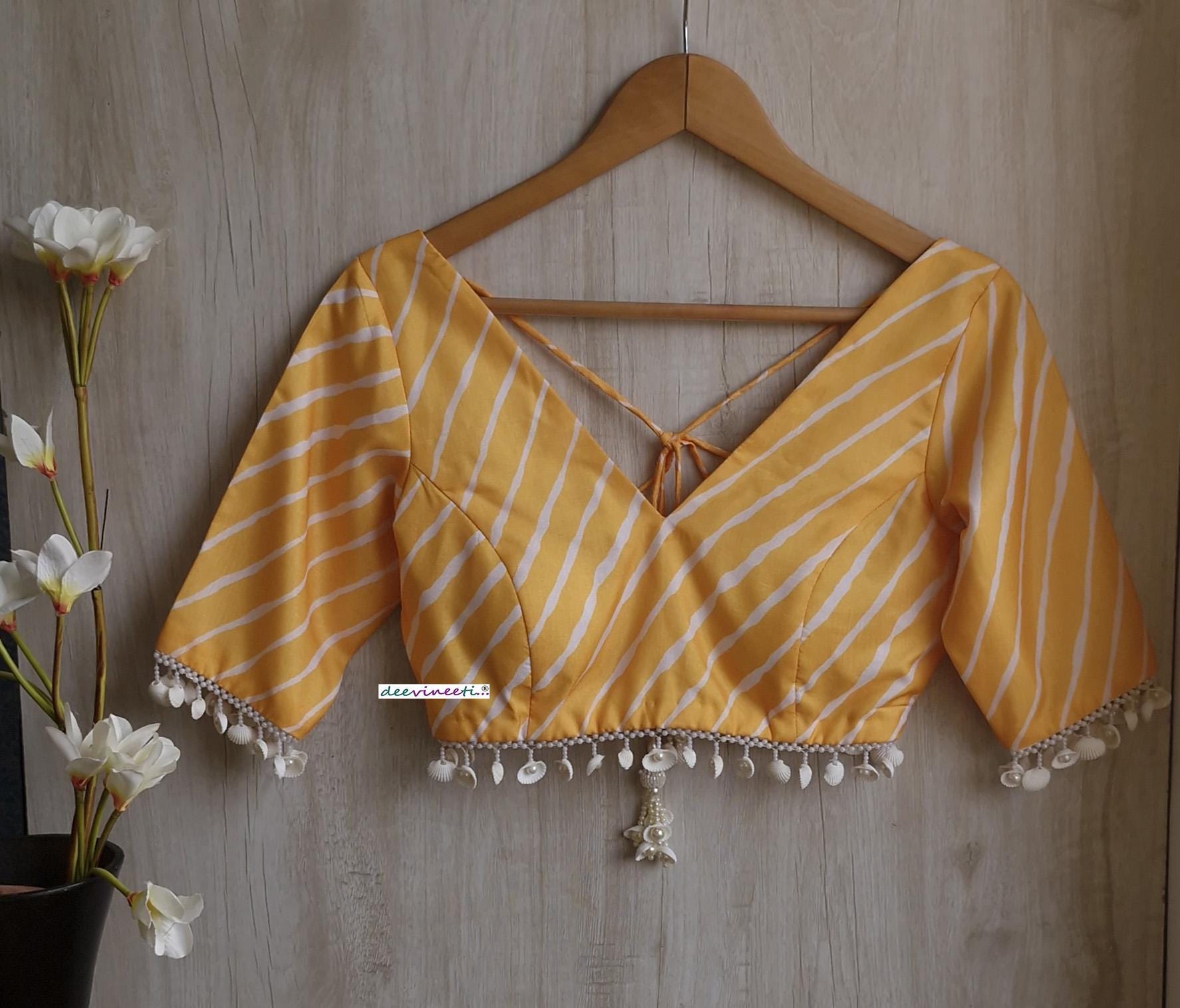 Yellow Leheriya Print Silk V Neck Blouse DVBL_392