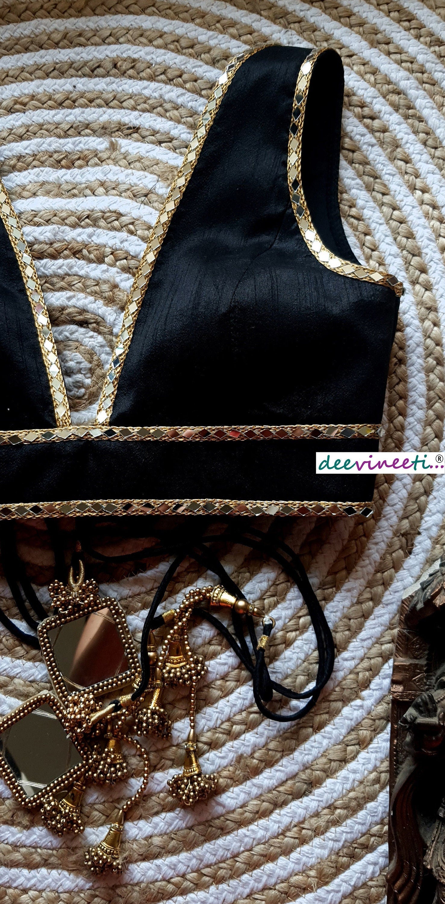Raw Silk Plunge Neck Embellished Blouse DVBL_099
