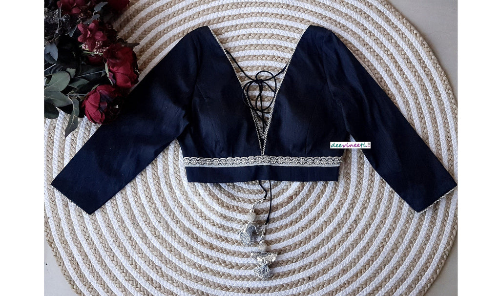 Raw Silk Plunge Neckline Three-fourth Sleeves Blouse DVBL_163