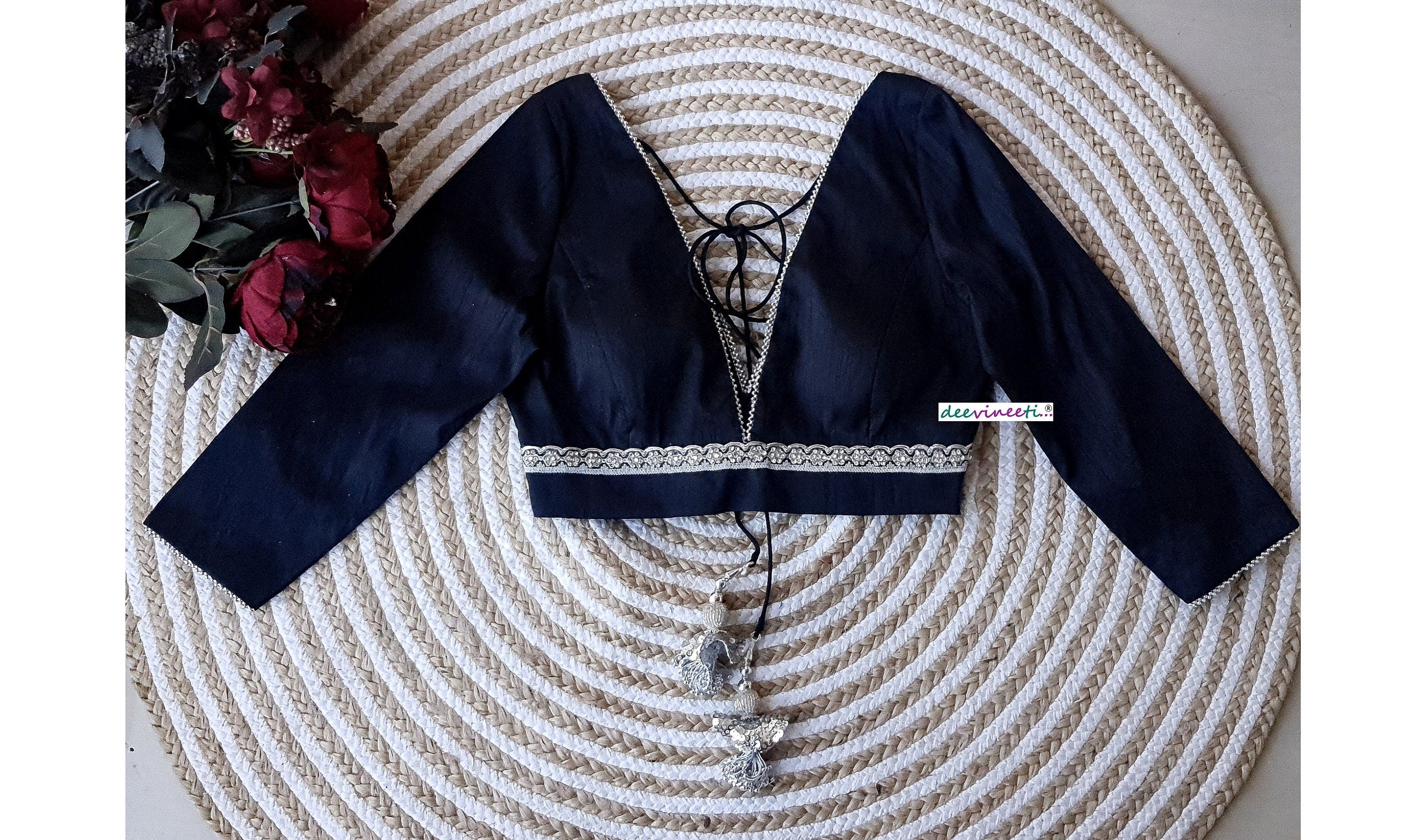 Raw Silk Plunge Neckline Three-fourth Sleeves Blouse DVBL_163