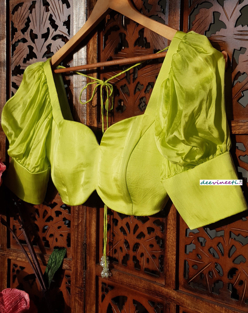 Lime Green Satin Organza Puff Sleeves Blouse DVBL_266