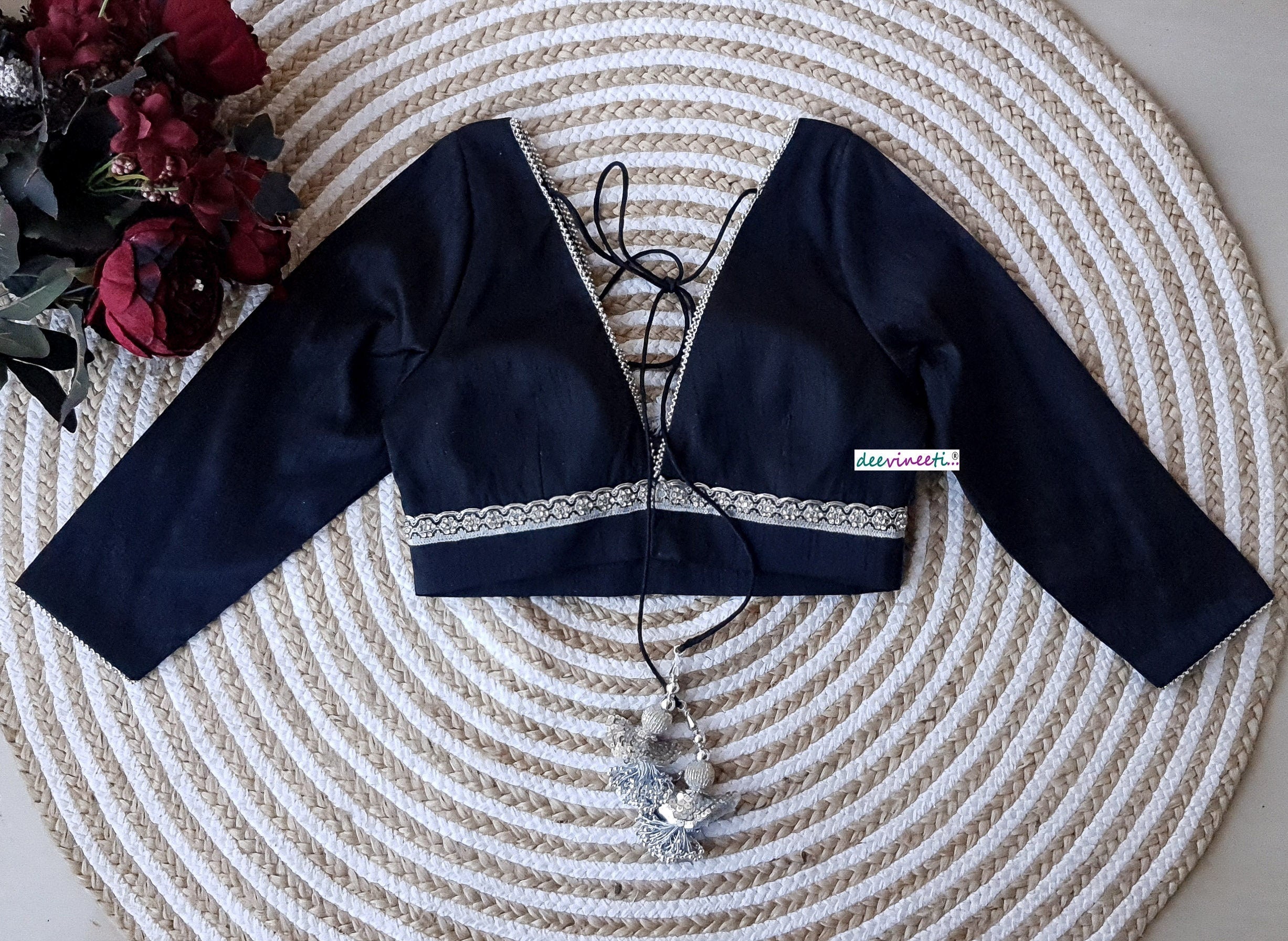 Raw Silk Plunge Neckline Three-fourth Sleeves Blouse DVBL_163