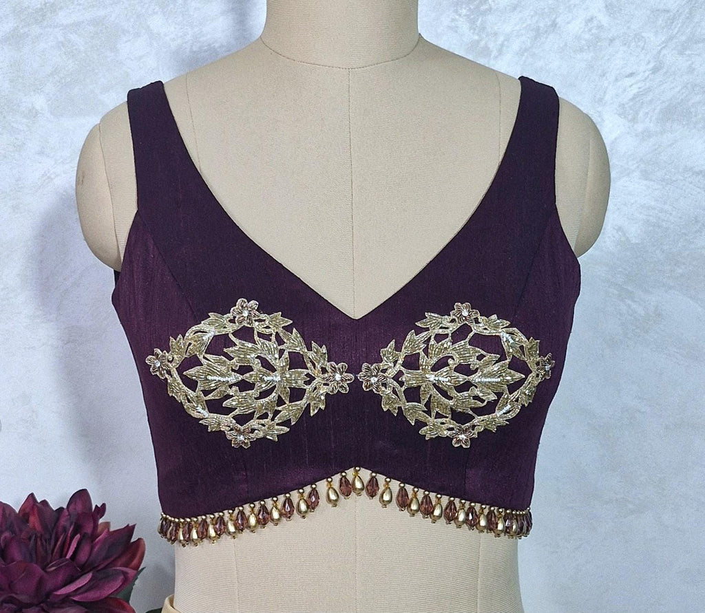 Hand Embroidered Burgundy Wine Raw Silk Blouse DVBL_432