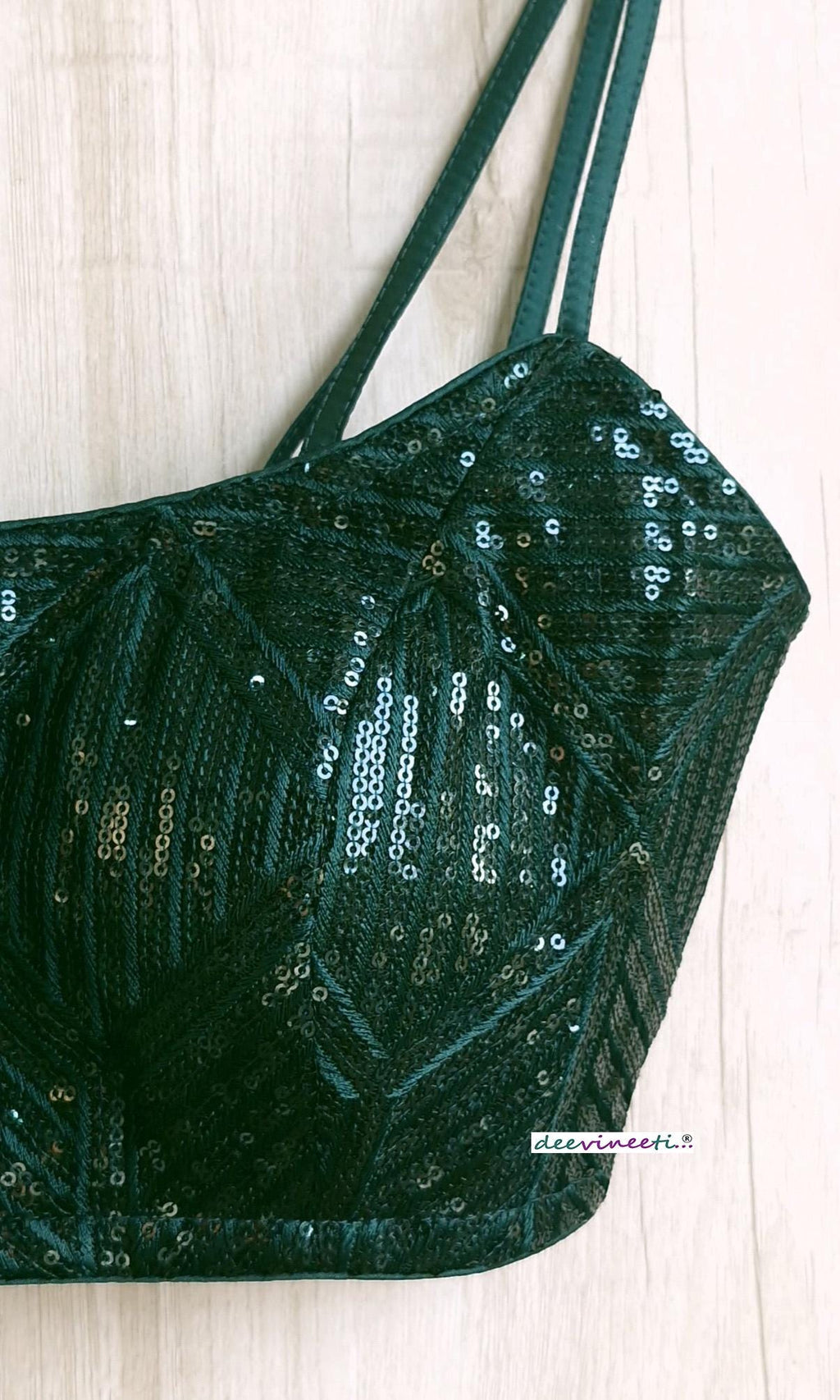 Bottle Green Sequins Embroidered Spaghetti Blouse DVBL_378