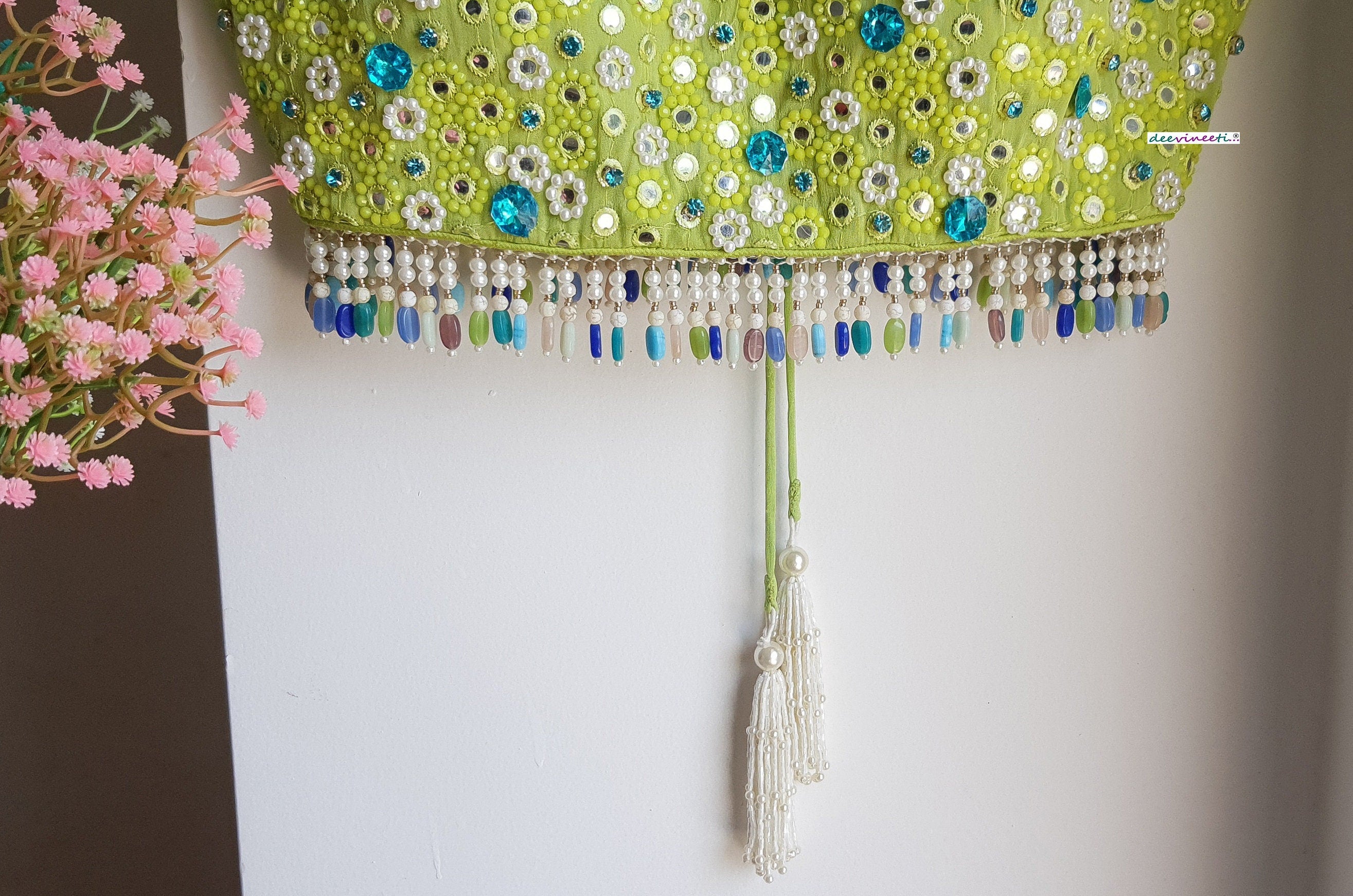 Hand Embroidered Lime Green Deep Sweetheart Neck Blouse DVBL_287