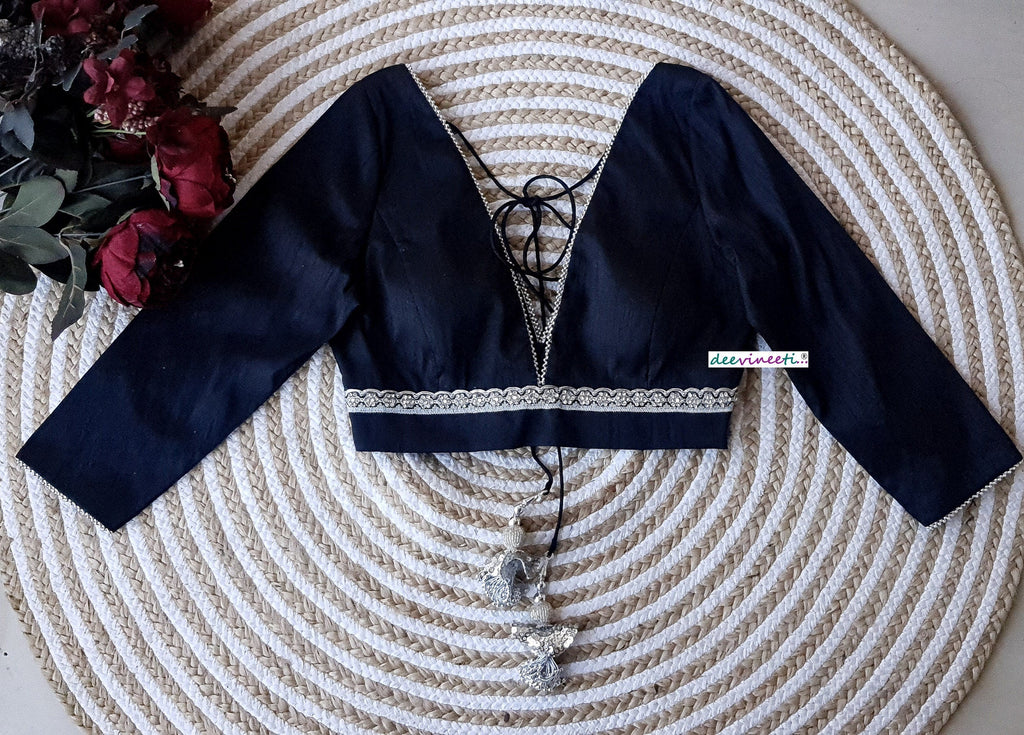 Raw Silk Plunge Neckline Three-fourth Sleeves Blouse DVBL_163