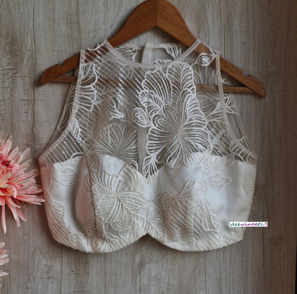Off-White Embroidered Net Jewel Neck Blouse DVBL_347