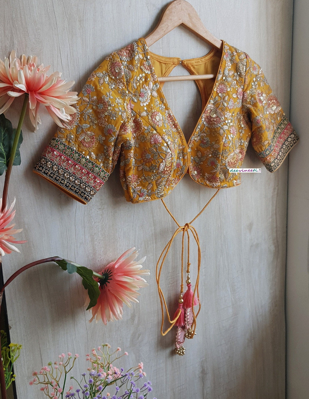 Yellow Embroidered V Neck Elbow Sleeves Blouse DVBL_301