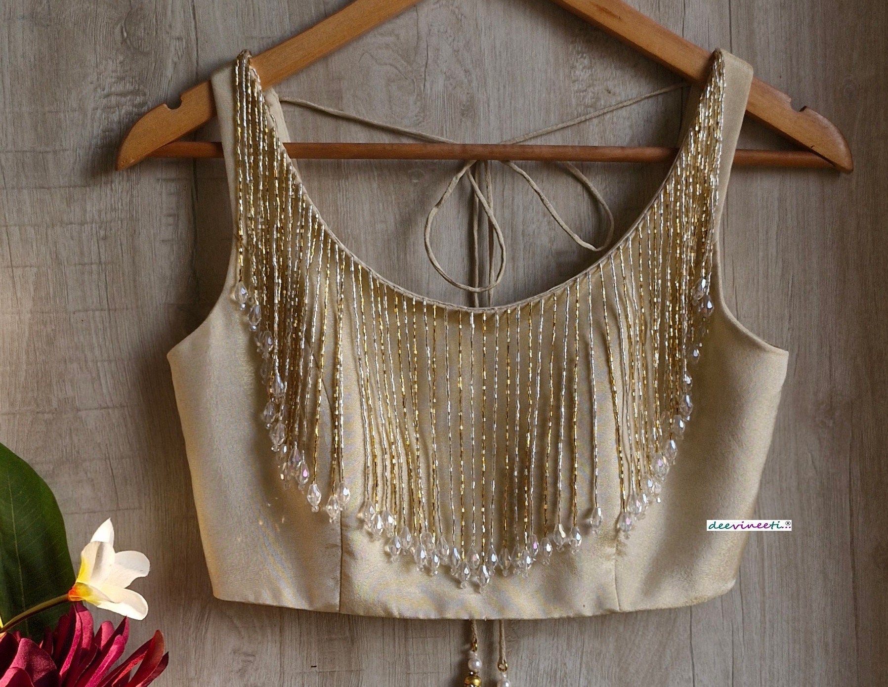 Light Gold Tissue Silk Round Neck Blouse with Fringes DVBL_353
