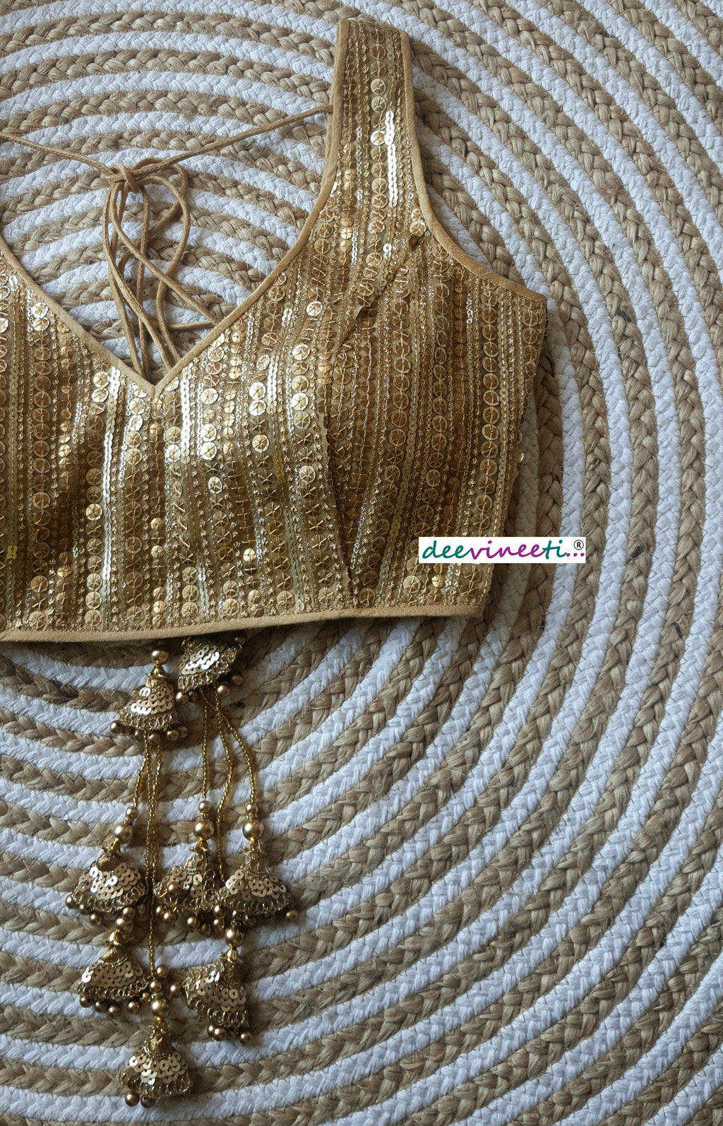 Gold Sequins Embroidered Deep V Neck Blouse DVBL_126