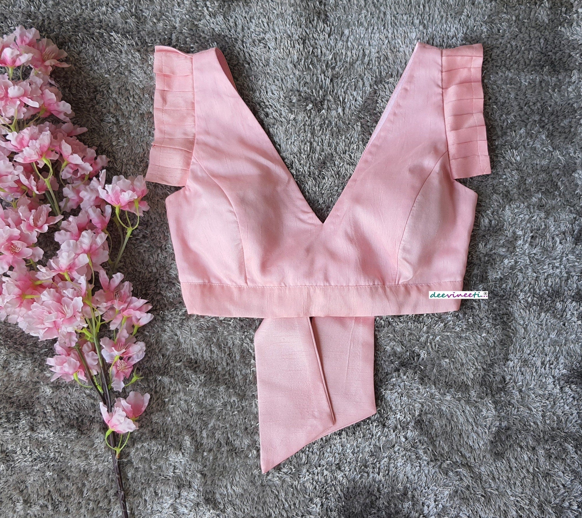 Pink Tussar Silk V Neck Pleated Sleeves Blouse DVBL_220