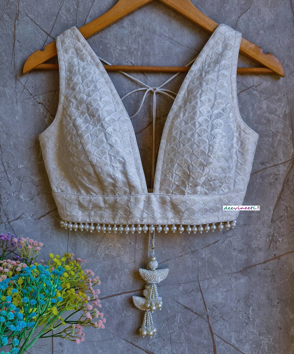 Ivory Embroidered Chanderi Plunge Neckline Blouse DVBL_331