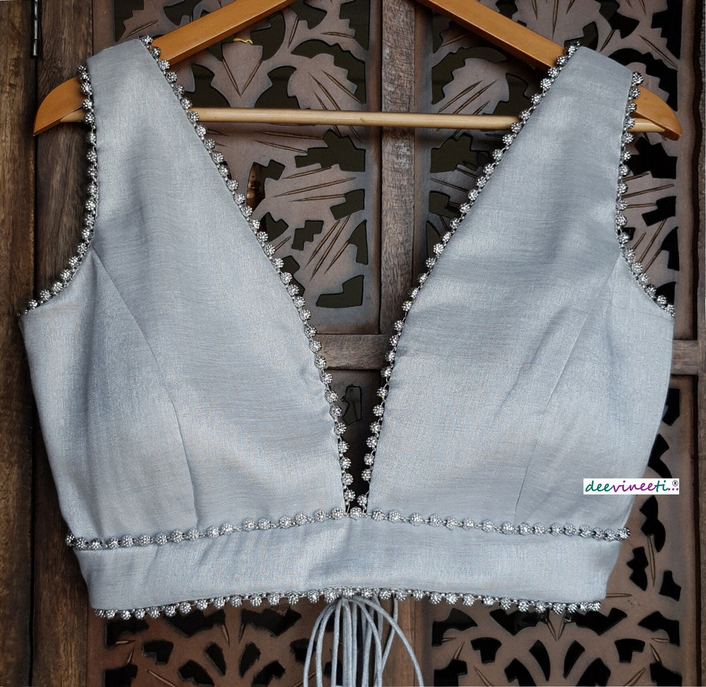 Silver Embellished Tissue Silk Plunge Neckline Blouse DVBL_115