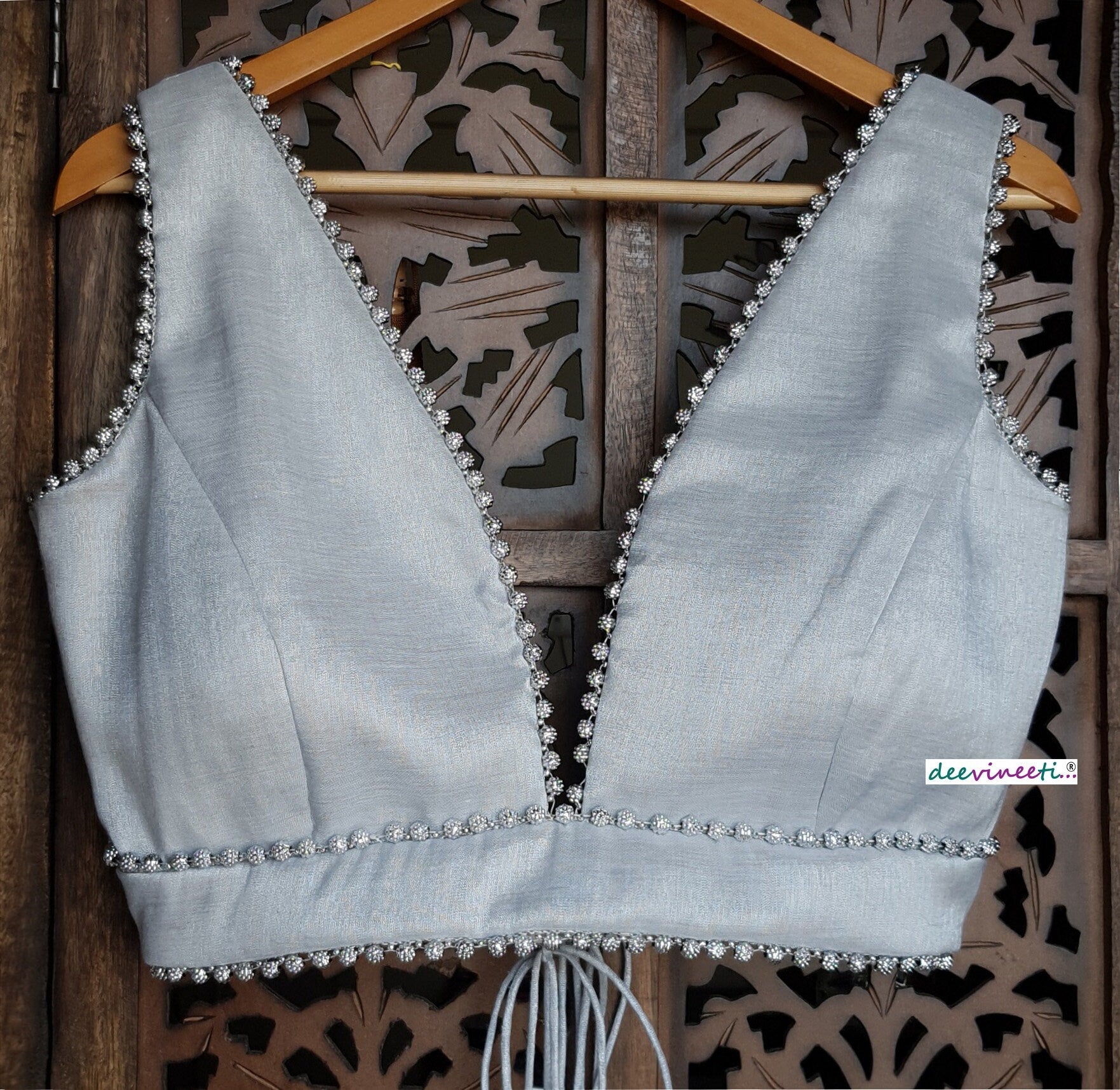 Silver Embellished Tissue Silk Plunge Neckline Blouse DVBL_115